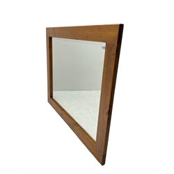 Large pine framed wall mirror, rectangular bevelled plate