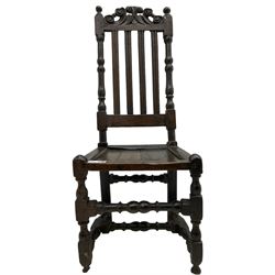 Jacobean oak hall chair, foliate carved cresting rail over moulded slat back and turned uprights, panelled seat over turned supports united by turned H-stretcher