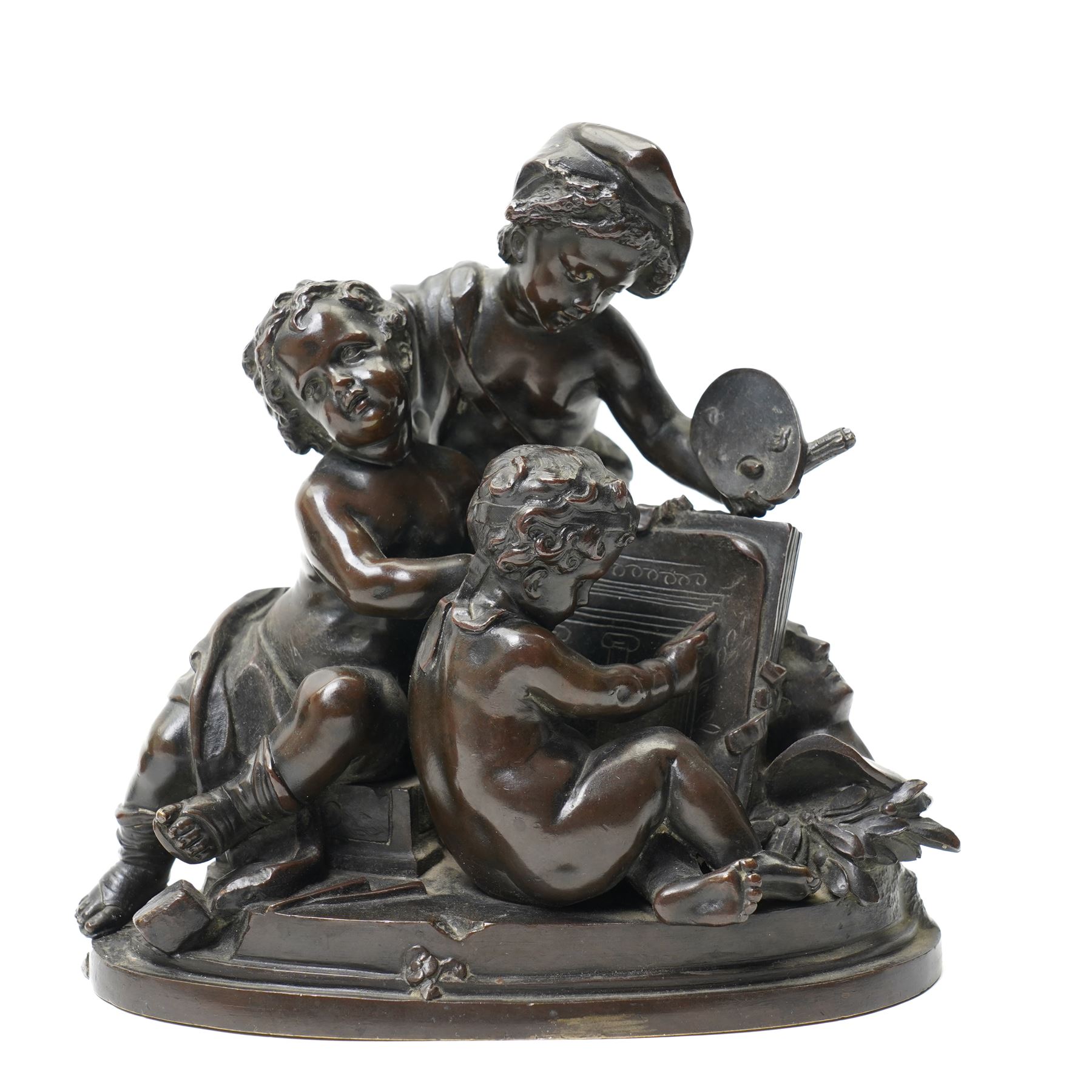 After Louis Valentine Elias Robert (French 1821-1874); pair of 19th century allegorical bronze groups, modelled as putti learning about the arts and sciences, bearing signature to the plinth, H17cm (2)