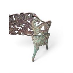Victorian naturalistic design heavy cast iron garden bench, well defined fern pattern curved back-rest with arms, lacking seat slats for restoration