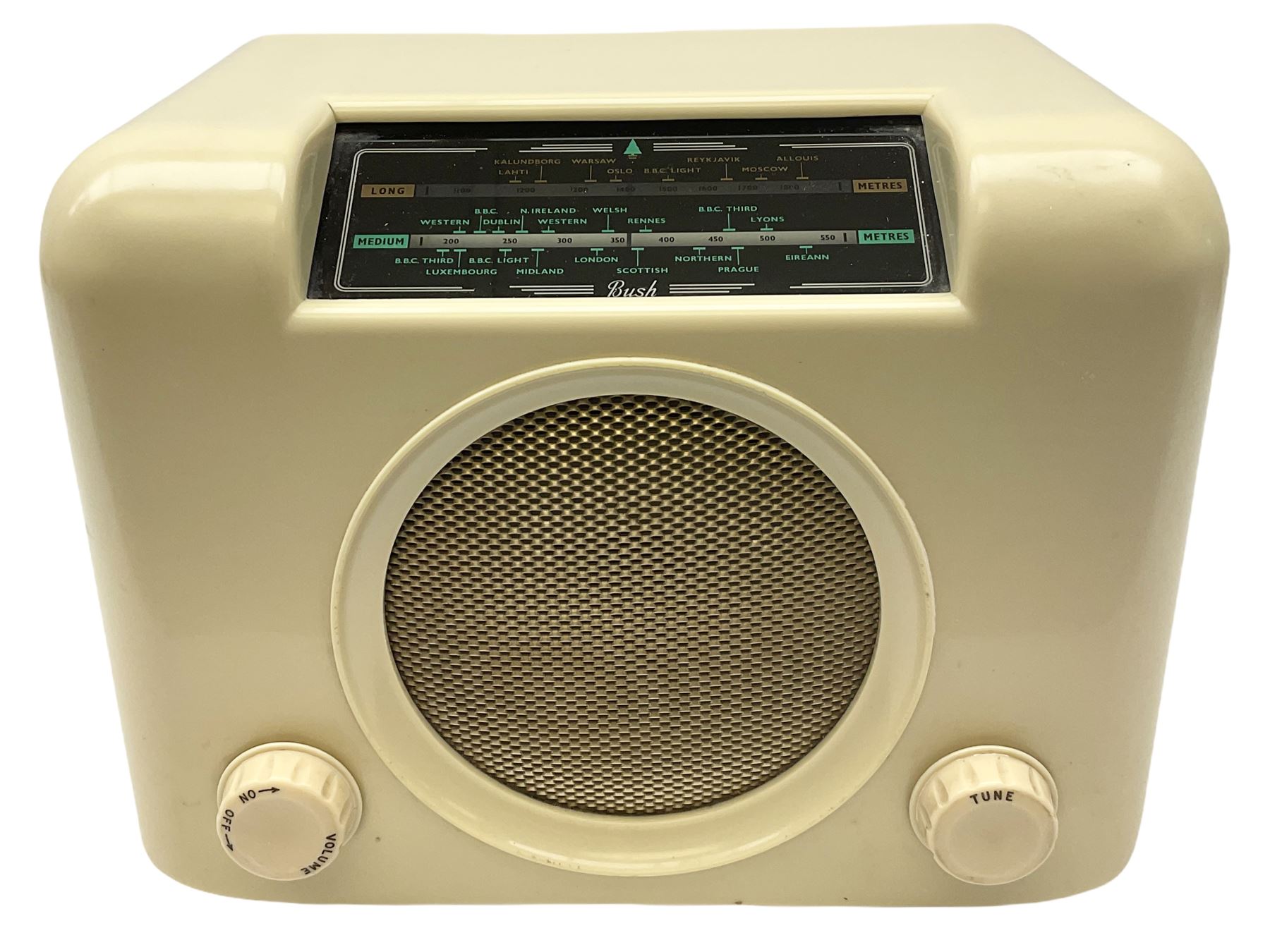 Bush Bakelite radio in cream H23cm, L39cm.  