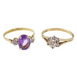Gold three stone amethyst and diamond chip ring and a diamond chip cluster ring, both 9ct