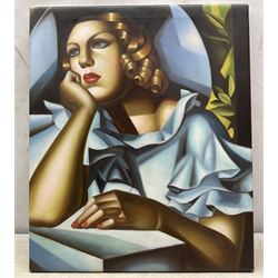 After Tamara de Lempicka (Polish 1898-1980): 'Wide Brimmed Hat', acrylic on canvas signed 'D Epple', titled verso 61cm x 51cm (unframed)