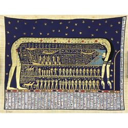 Egyptian School (20th century): Hymn to Nut and Judgement Day, two paintings on papyrus indistinctly signed max 58cm x 140cm (2) (unframed)