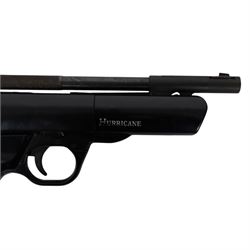 Webley Hurricane .177 air pistol, the chamber marked 'Hurricane' and 'Webley & Scott Ltd. Birmingham England' beneath, with front hooded sight and black checkered grip, H14cm, L28cm