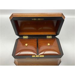 19th century mahogany tea caddy, of sarcophagus form with canted corners, the hinged cover with inset vacant brass panel, opening to reveal a twin compartmented interior with square covers above zinc lined divisions, H11cm W23cm D13cm