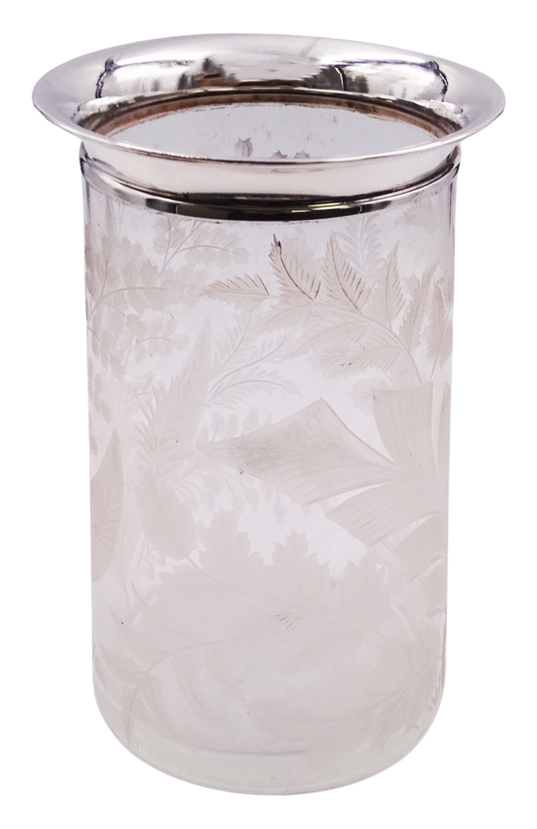 Modern silver mounted cut glass ships decanter, the silver collar hallmarked Charles S Green & Co Ltd, Birmingham 1976, H26.5cm, together with a modern silver mounted glass vase, of slightly tapering cylindrical form etched with ferns and fronds, the silver collar hallmarked London 2001, makers mark W W, H19cm, (2)