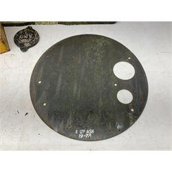 Victorian cast iron railway wagon plate, 'To Carry 10 Tons 4012, Registered by LNER-D 1898', together with a similar mid 20th century example, a smaller cast iron LMS wagon plate, Chalwyn signalling lamp, Give Way to Trains enamel sign and an enamel signal sign