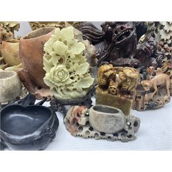 Collection of hardstone and soapstone, including hardstone seal carved temple dogs finial, inscription on base, together with inkwells, vases etc  