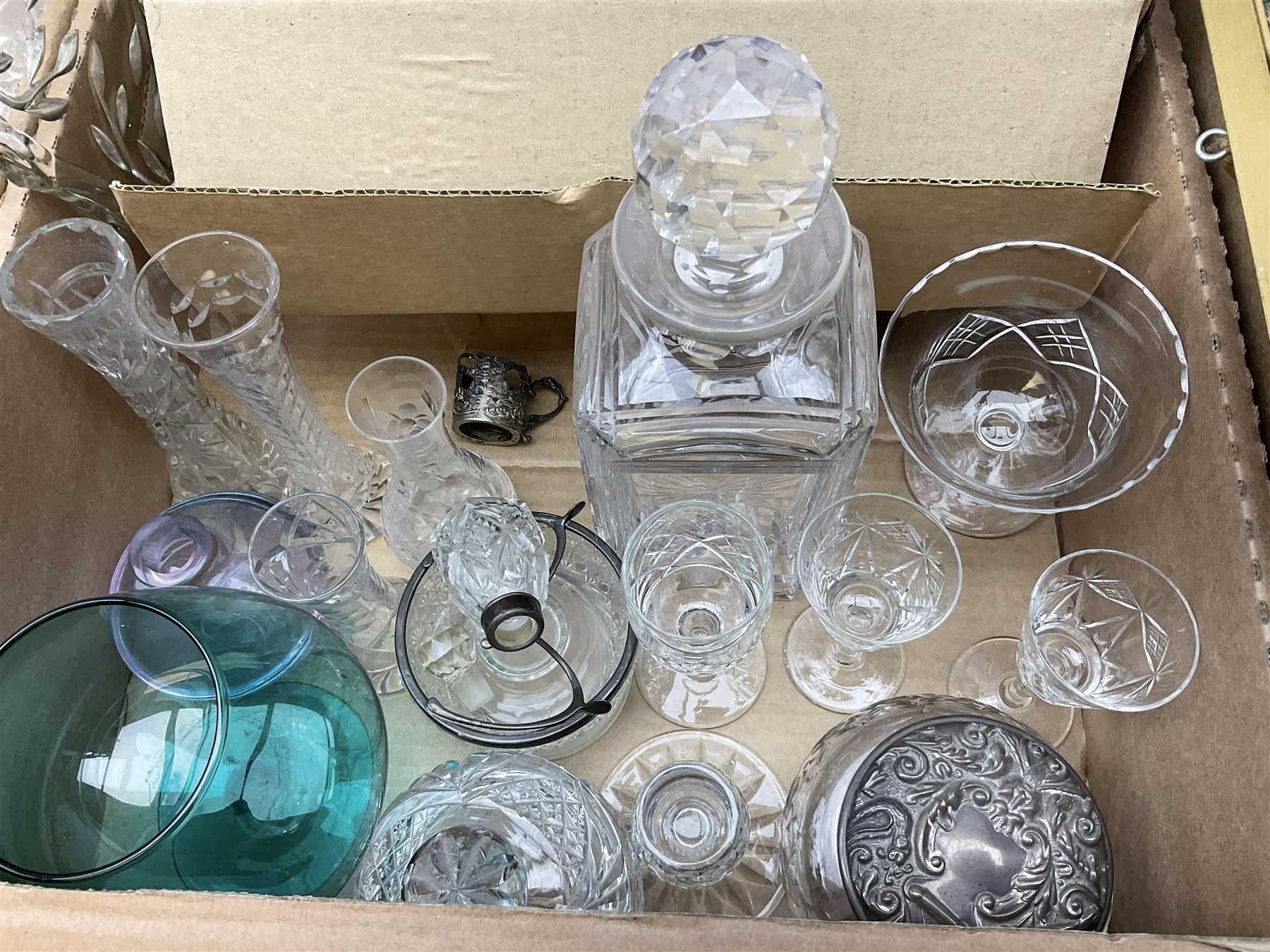 Stuart Crystal Hardwicke pattern glasses, silver mounted glass tray stamped Birmingham 1909, silver collared bottle, pukeberg of Sweden owl paperweight, decanter, mantel clock, dressing table brush set etc in three boxes