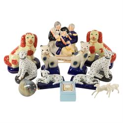 Collection of Staffordshire style figures, including dogs, cats, Death of Nelson etc 