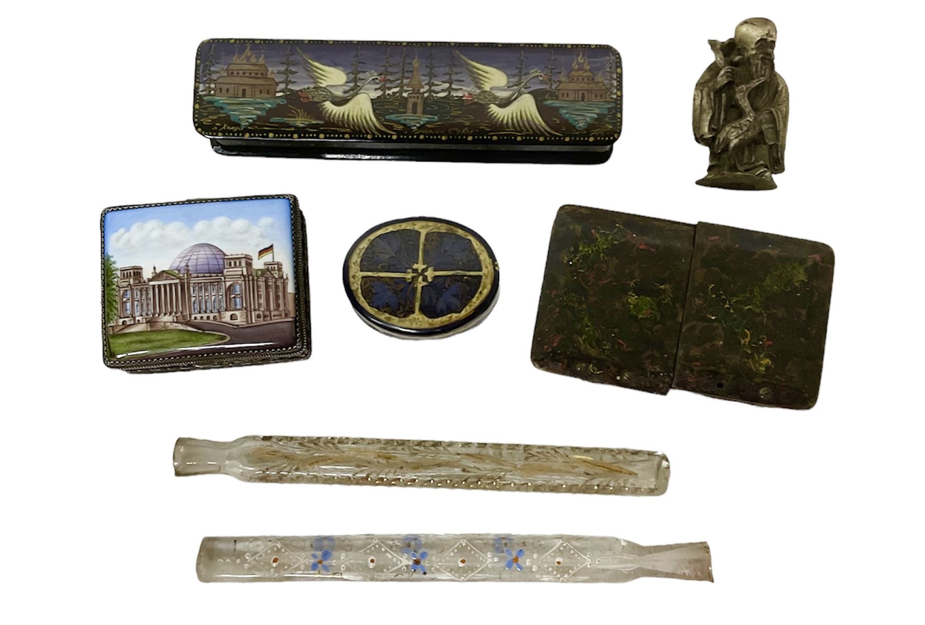 Two 19th century glass tear catcher lachrymatory bottles, together with a Japanese lacquered box and two similar, a trinket box with ceramic cover and a small pewter figure of Confucius