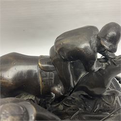 After E Loiscay, bronzed figure group, modelled as two race horses, signed E Loiscay, upon a stepped marble plinth, overall H28cm