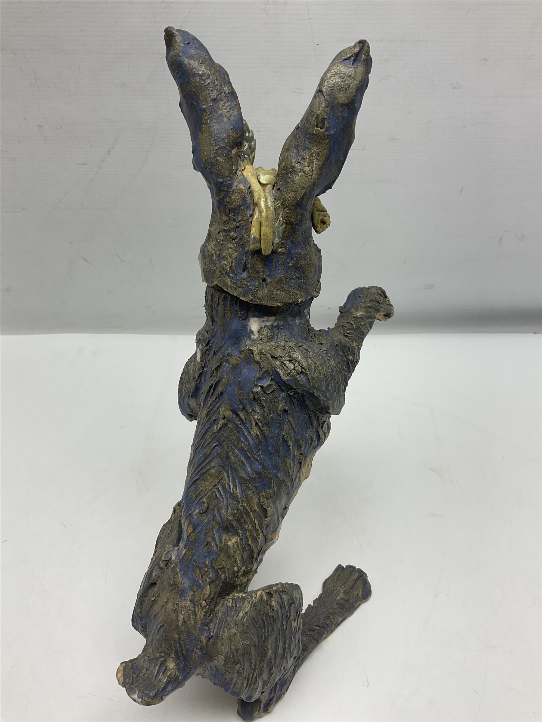 Studio pottery novelty jar and cover modelled as a hare raised upon its back legs, by Chris Attlesey, H38cm 