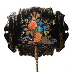 Pair of Victorian lacquered papier mache face screens, with inlaid mother of pearl decoration and painted with flowers, H39cm 