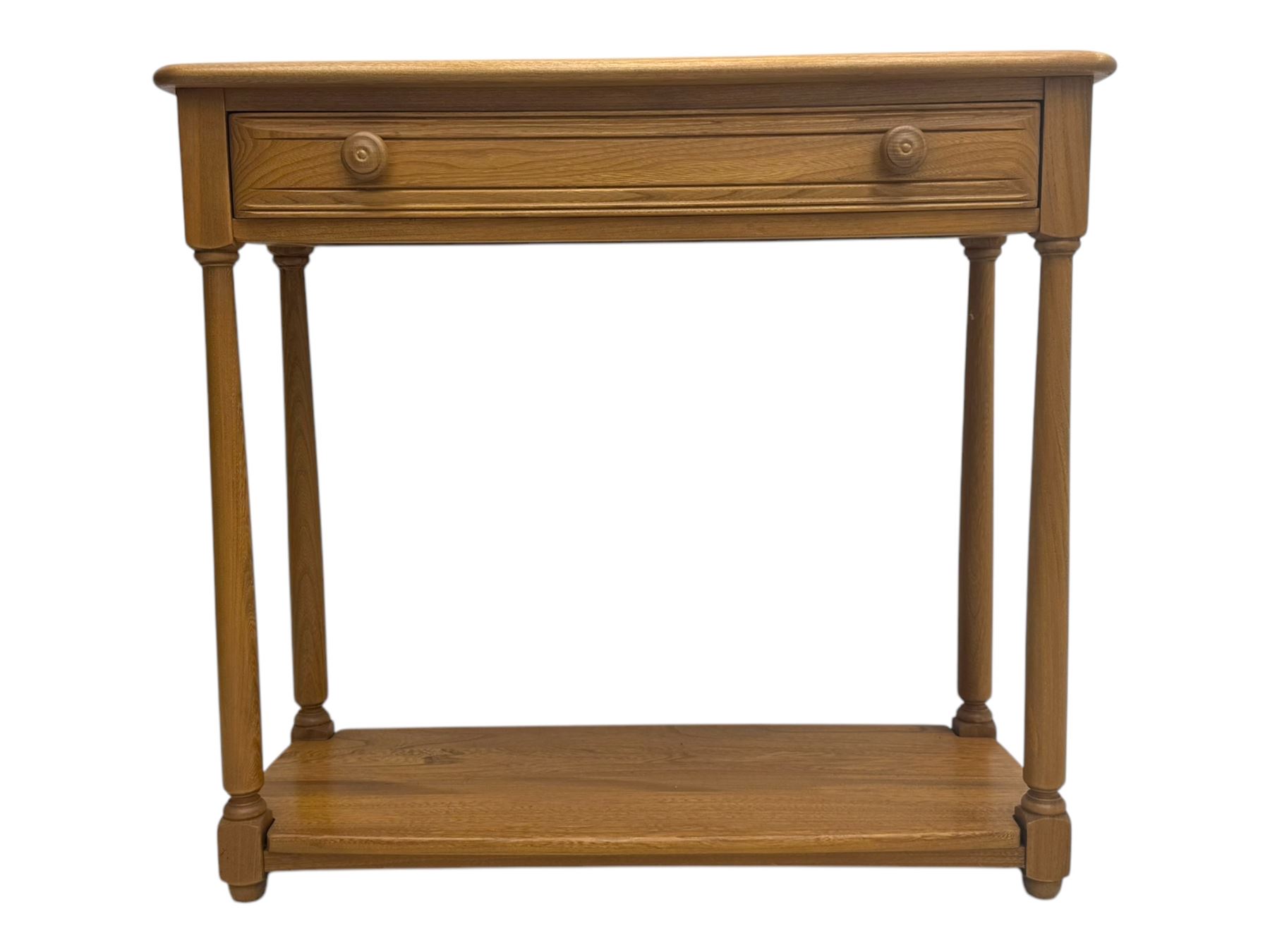Lucian Ercolani for Ercol - mid 20th century light elm console table, rectangular top with raised gallery back over full-width frieze drawers, raised on tapered supports united by undertier 