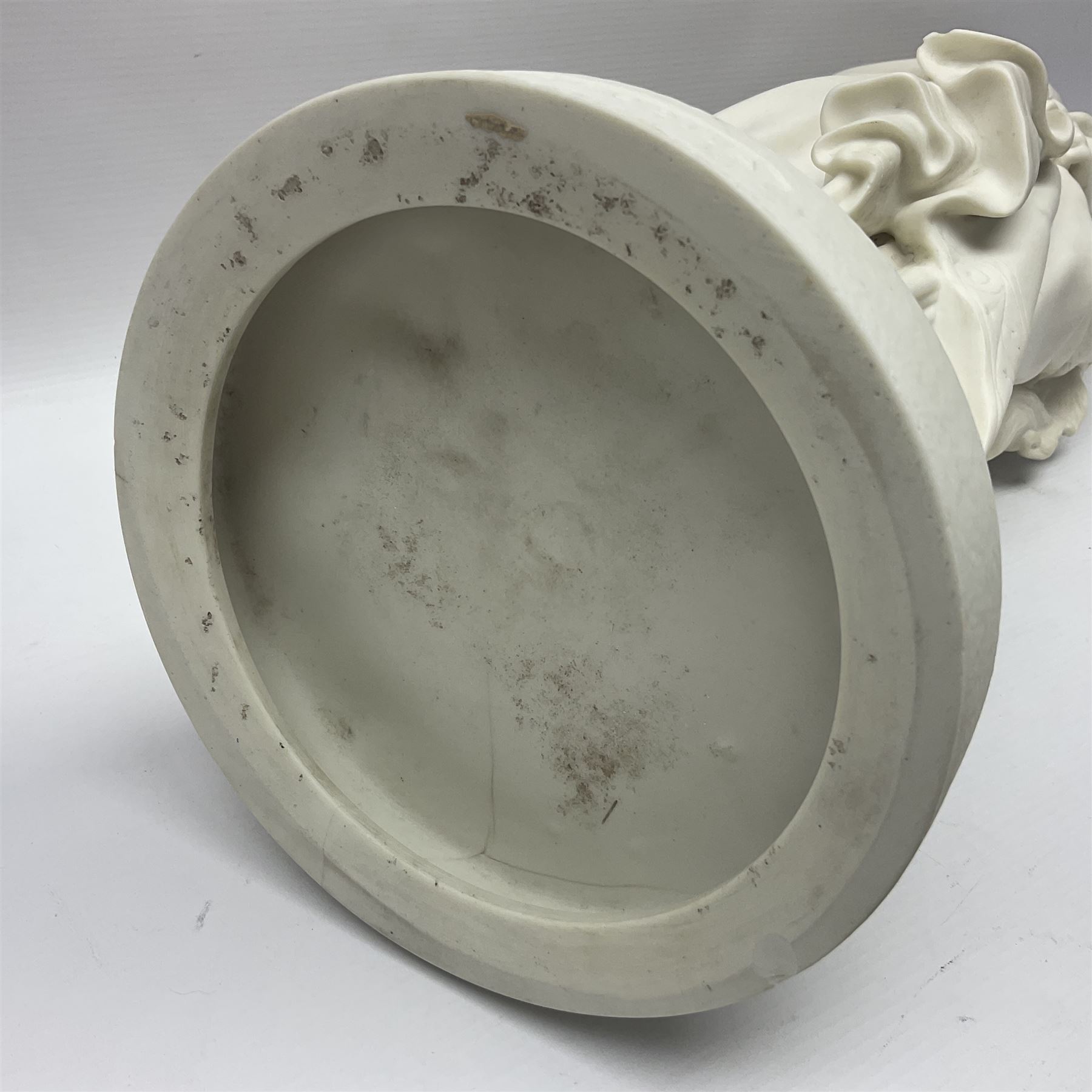 19th century Copeland Parian Ware figure, after R Monti, modelled as Lady Godiva, upon a circular titled plinth, signed and dated verso R Monti 1870, impressed to base Copyright Reserved Copeland, overall H22cm