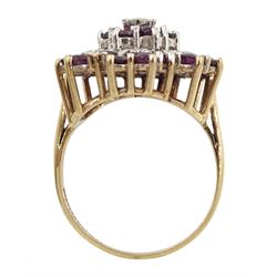 9ct ruby and diamond  flower cluster ring, Birmingham 1980