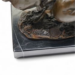 Bronze figure group modelled as two hares in chase, signed Nick and on marble base H12cm