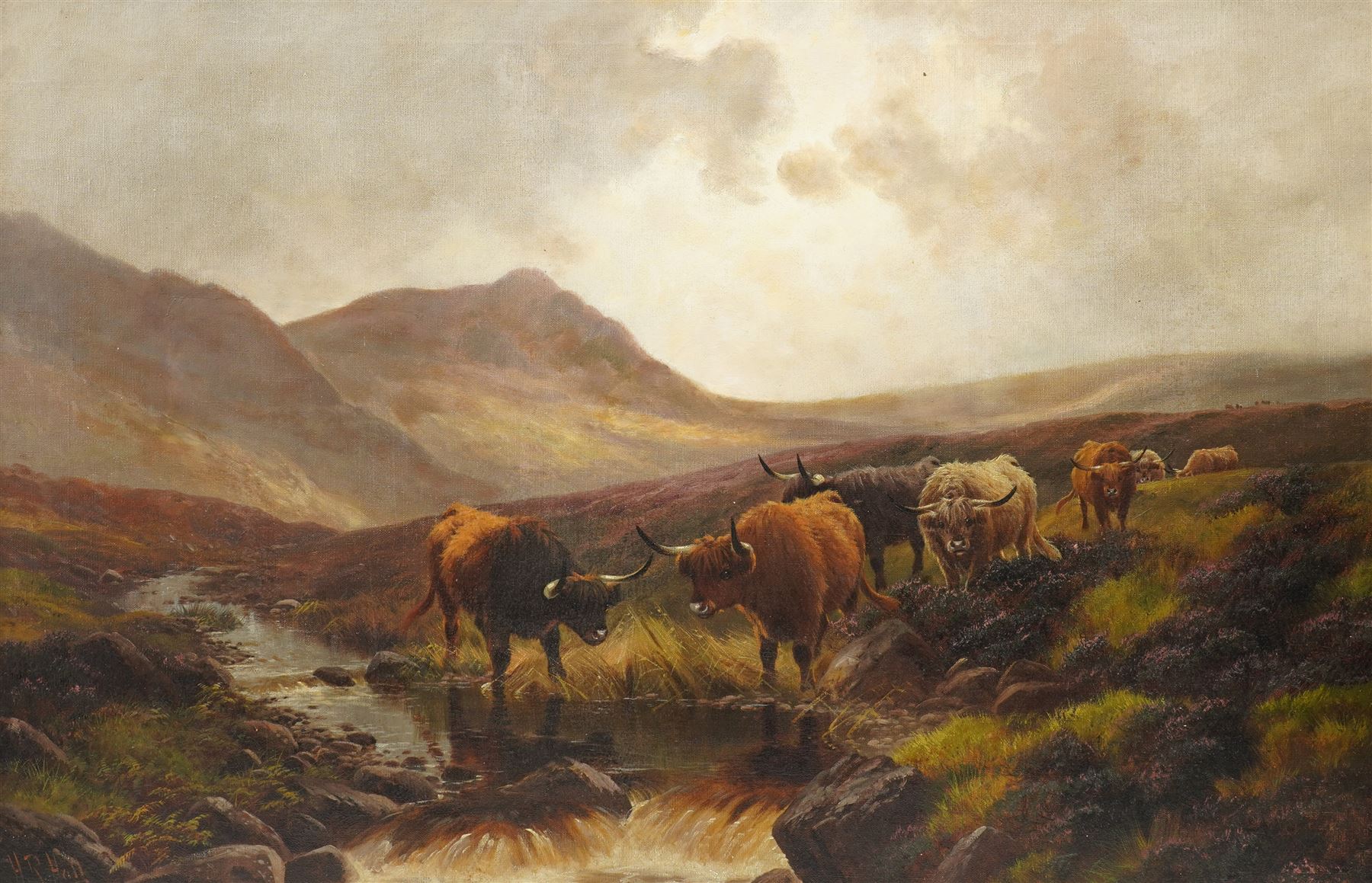 Henry Robinson Hall (British 1859-1927): Highland Cattle, oil on canvas signed 60cm x 90cm