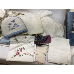 Large quantity of table linen and Victorian and later lace, framed machine tapestry depicting Greece, embroidered wall hanging decorated with a woodland scene with deer and blossoming tree, embroidered linen decorated with floral design, crochet, etc
