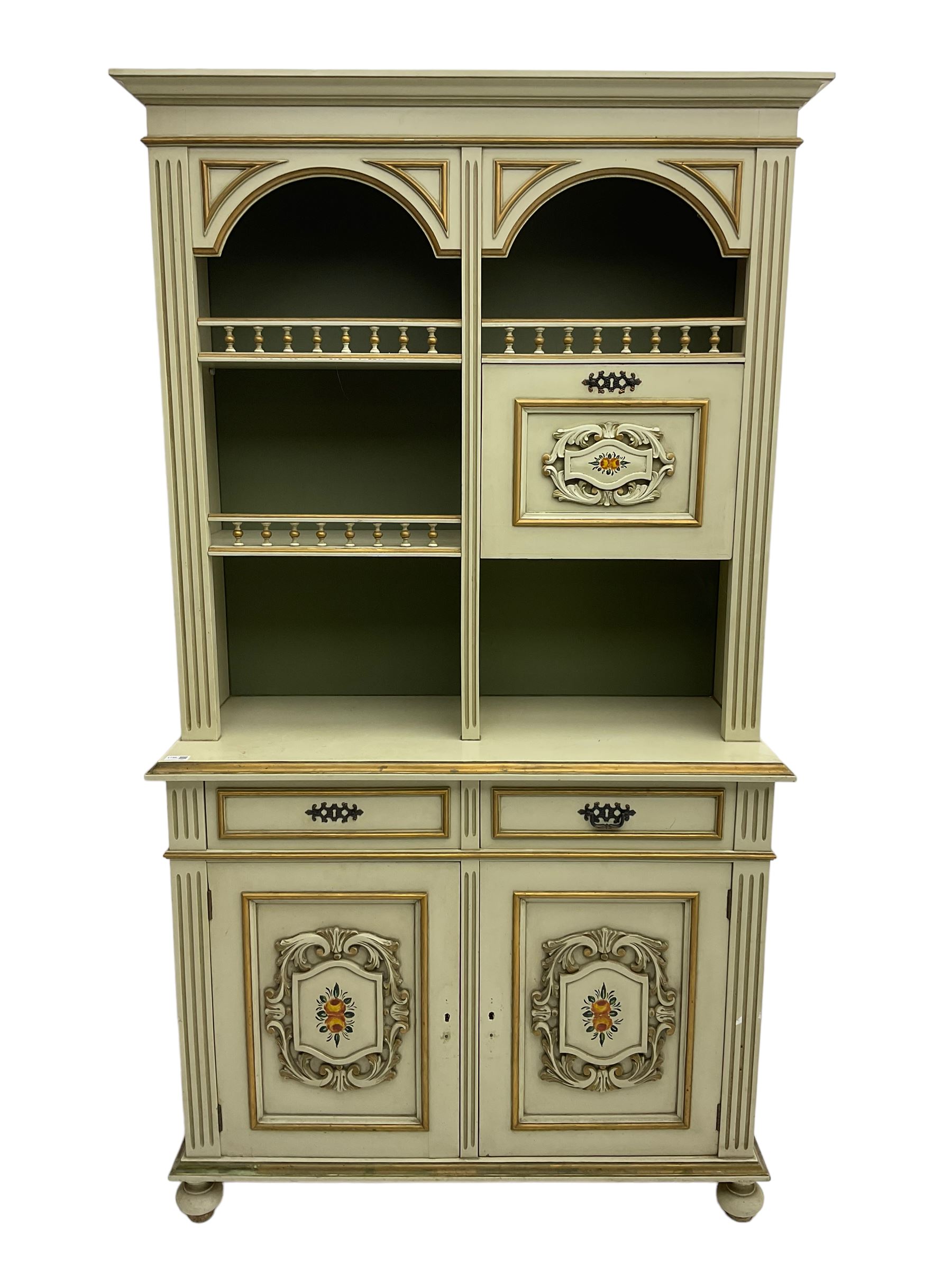 Portuguese painted dresser, two-tier plate rack with spindle gallery and fall-front cupboard, flanked by fluted uprights, fitted with two drawers over two cupboards, the panelled cupboards with floral decoration and a rinceaux border, white painted and parcel-gilt 