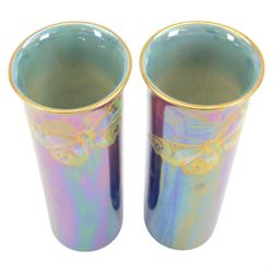 Pair of Walter Slater for Shelley lustre vases of cylindrical form decorated with the Rich Butterfly pattern, H21cm