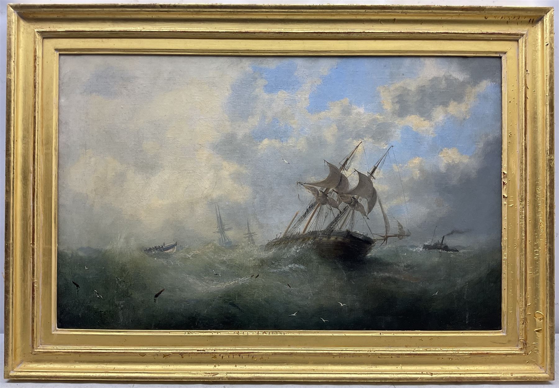 Mid 19th Century Oil on Canvas of a Ship in Distress Under Tow by a Tug Mid 19th Century Oil on Canvas of a Ship in Distress Under Tow by a Tug