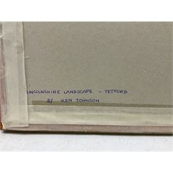 Ken Johnson and Sheila Johnson collection (British 20th century): 'Lincolnshire Landscape - Tetford', watercolour, Moorland and Dales Landscape, pair oils on board signed, The River Esk and Yorkshire Village, two oils on board the latter signed, Ancient Tree with Bluebells and 'Reflection - Northumberland', two watercolours signed (7)