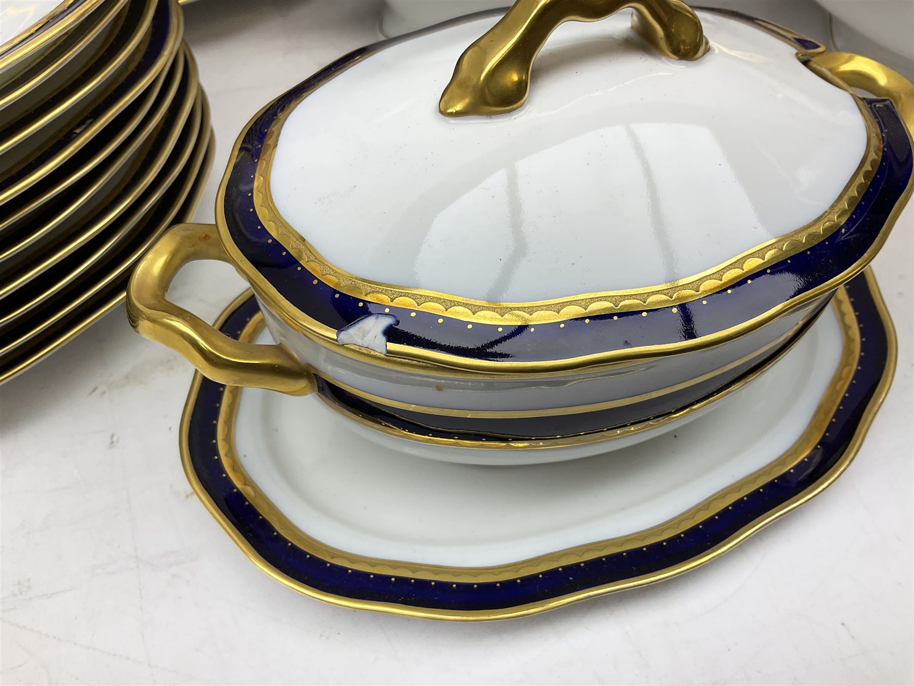 Pirkenhammer of Czechoslovakia Carlsbad pattern tea and dinner for twelve place settings to include dinner plates, soup bowls, side plates, covered tureen, tea cups and saucers, coffee cups and saucers, teapot, milk jug, covered surier, etc, with an addition twelve dinner plates (110)