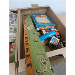 Collection of boxed vintage board games, including Balyna Cricket, Identity Kit, Gyroscopes, Waddingtons Scoop, etc