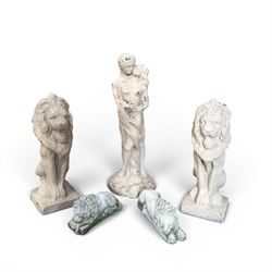 Pair of cast stone seat lions, male and female figure, and a miniature pair of cast stone lions