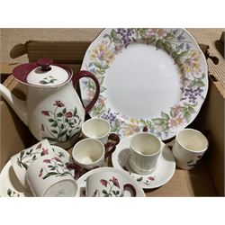 Paragon tea wares decorated in the 'Country Lane' pattern, Plant Tuscan tea set for nine, the pink ground with flower and gilt decoration, Wedgwood 'Mayfield' coffee wares etc in two boxes
