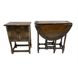 Carved oak drop leaf table, oval top with bobbin turned supports and an oak Hutch cupboard with carved panelled doors (2)