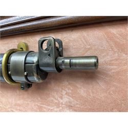 WW2 Lee Enfield No.4 Mk.1 .303 bolt-action rifle with hinged butt compartment, made by SA Ltd., Long Branch, Canada 1942, serial no.5L0646 L113cm; mounted on a framed display board with No.4 Mk.II spike bayonet, No.9 Mk.1 blade bayonet, two inert 5-round clips and brass biographical plaque by Antler Military Originals detailing DA Cert No.C3444 OLD STYLE DEACTIVATION SO FIREARMS CERTIFICATE REQUIRED OR RFD