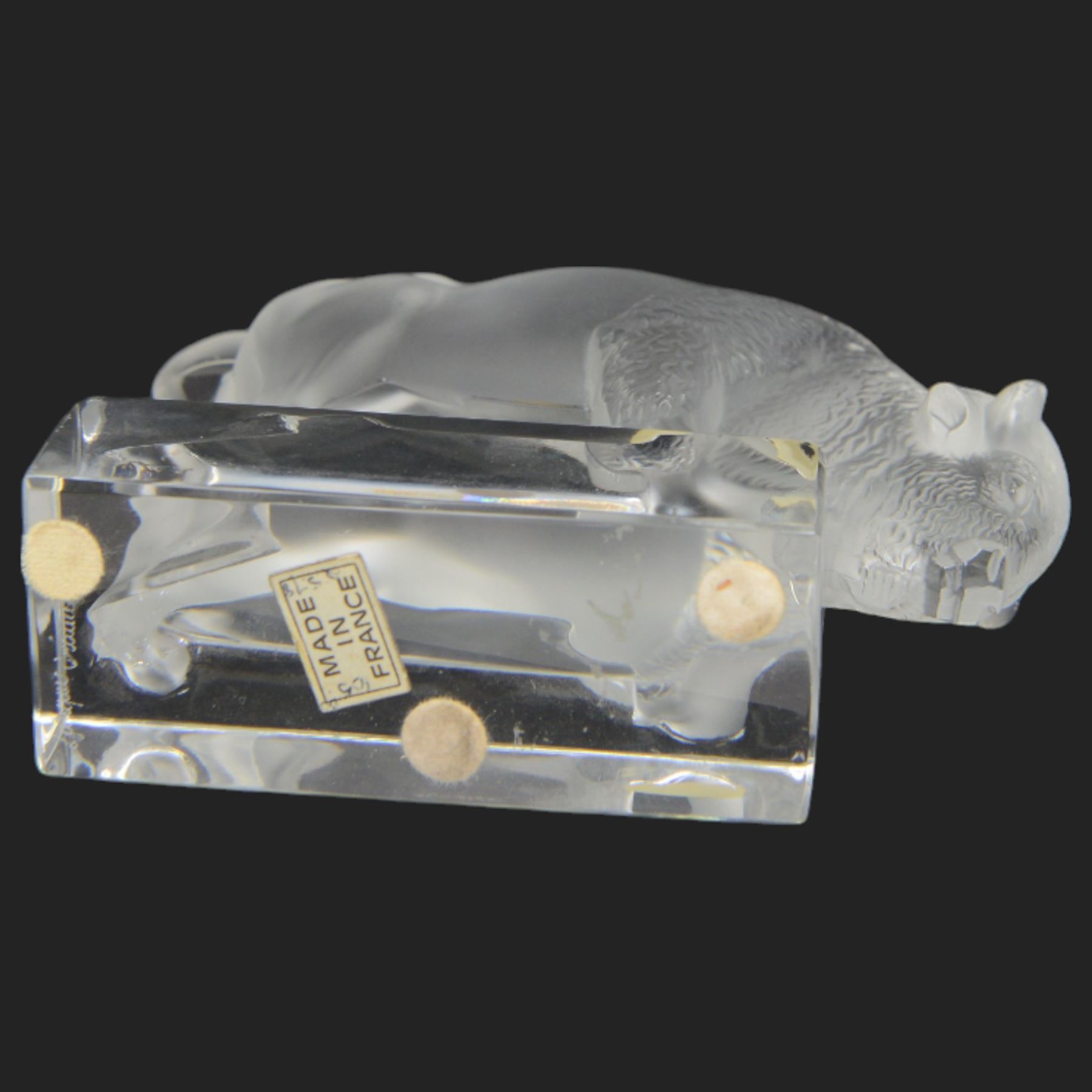 Lalique Buffalo frosted glass paperweight with clear base, signed to base, H10cm 