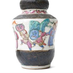 Pair of Chinese Nanking famille rose vases, painted with warriors parading, the neck moulded with cherry blossom in high relief, H24cm (2)