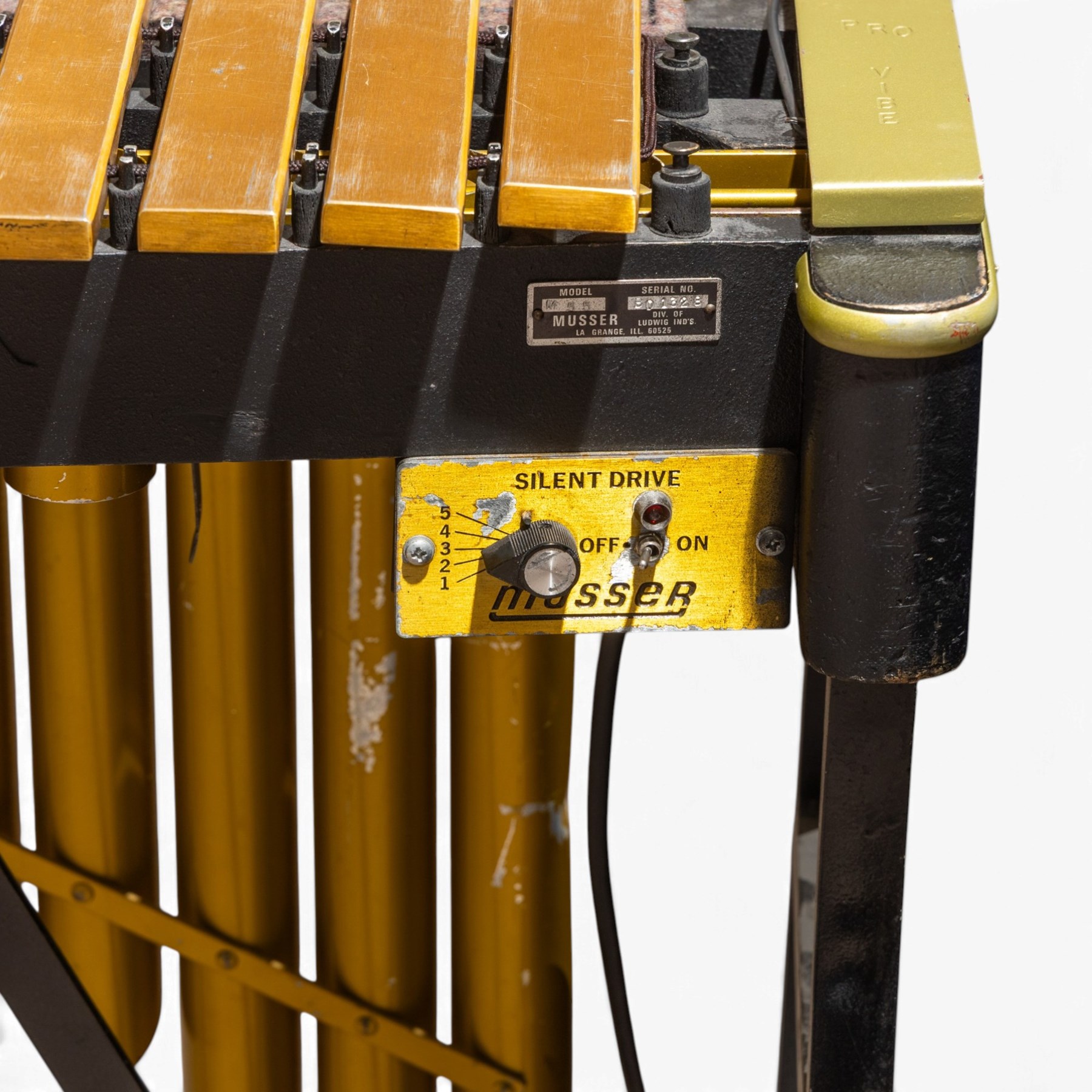Musser M55 Pro-Vibe vibraphone, serial no. B01228, with gold-finished aluminium bars, motorised resonators, sustain pedal and folding frame, with transformer, in black mushroom covers
