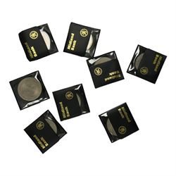 Mostly commemorative coins, medallions and fantasy coinage, including various 'Sainsbury's Makers of the Millennium' medal collection folders containing various medallions, The Toer Mint commemorative four medallion set in fitted case, Queen Elizabeth II 1982 silver proof piedfort twenty pence coin cased with certificate, various part filled The London Mint office folders etc