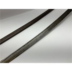 19th Century German (Saxony) Cavalry Sword, the 90.5cm single edge curved steel blade with narrow fuller to the back edge at each side, engraved with a crowned AR monogram and coat of arms, stamped with crowned AR, the back edge engraved C.v Keller im Solingen 1862, the brass half basket hilt with three flat curved bars, applied badge missing, marked G.R. 4, with ribbed leather covered grip and leather finger strap; in steel scabbard with two fixed suspension rings to one side and stamped G.R. II 118; L109.5cm overall