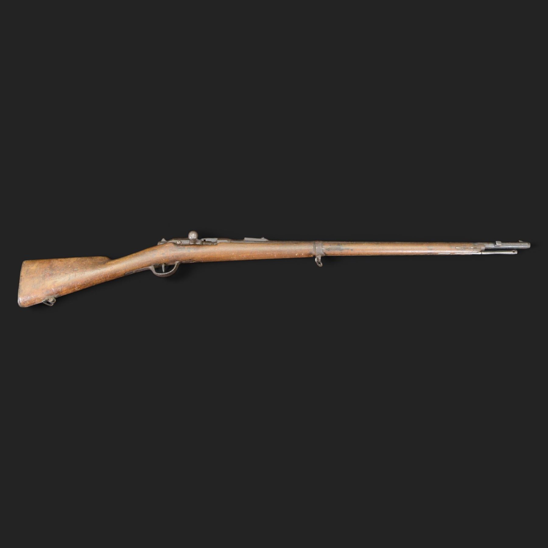 REGISTERED FIREARMS DEALER ONLY De-activated 19th Century French Chassepot Rifle type 1874, serial no 60024, breech stamped Manufacture D’Armes, with detachable ram rod bolt action with full length walnut stock, stock marked 29916 V MA M S Juillet J 1874, L130cm IMPORTANT NOTE THE RIFLE IS DEACTIVATED BUT TO PRE-2018 STANDARD ONLY. IT CAN ONLY BE PURCHASED BY A REGISTERED FIREARMS DEALER, MUSEUM HOLDING CURRENT UK LICENCE OR WITH APPROPRIATE EXEMPTION
