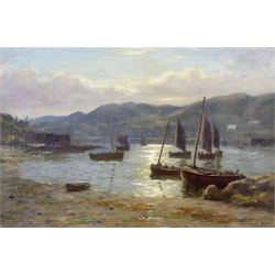 Duncan Cameron (Scottish 1837-1916): 'Tarbert - Boats Going Out', oil on canvas signed, original title label verso 50cm x 75cm