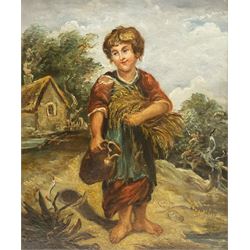 Continental School (20th Century): Dutch Street Scene, oil on panel indistinctly signed 29cm x 39cm; Naive School (20th Century): Girl with Water Jug, oil on board unsigned 26cm x 21cm (2)