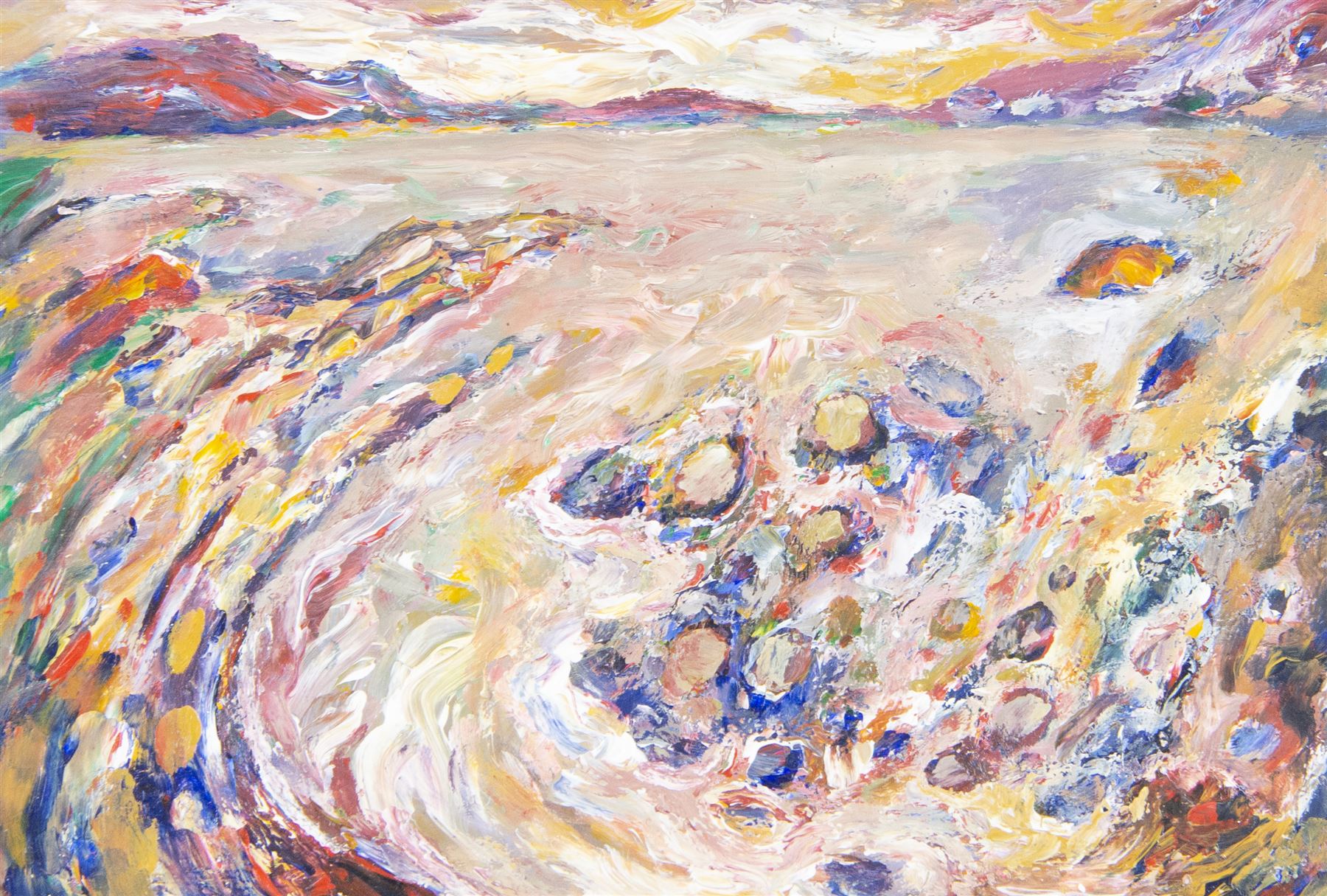 Graham Kingsley Brown (British 1932-2011): Seashore, oil or acrylic on board unsigned 21cm x 30.5cm 
Notes: Likely painted between 1998-2000, this painting is distinctive in featuring a seascape which not only has a high horizon line, but also detail in the foreground. Pebbles, rocks and seaweed are indicated as the swirling tide flows towards the viewer. A warm range of tones is used for this seascape, (a topic that we usually associate with cool blues and greens) to create an inviting feel.