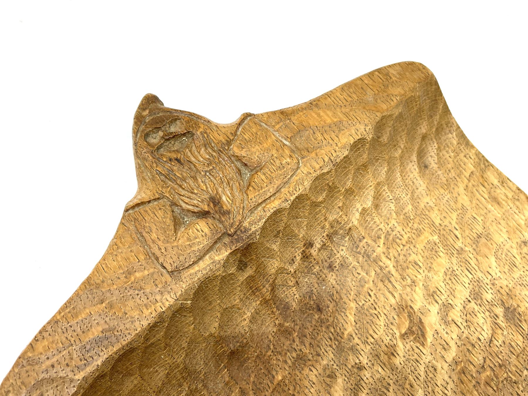 'Gnomeman' tooled oak twin handle rectangular tray, carved in relief with two gnomes, by Thomas Whittaker of Littlebeck 