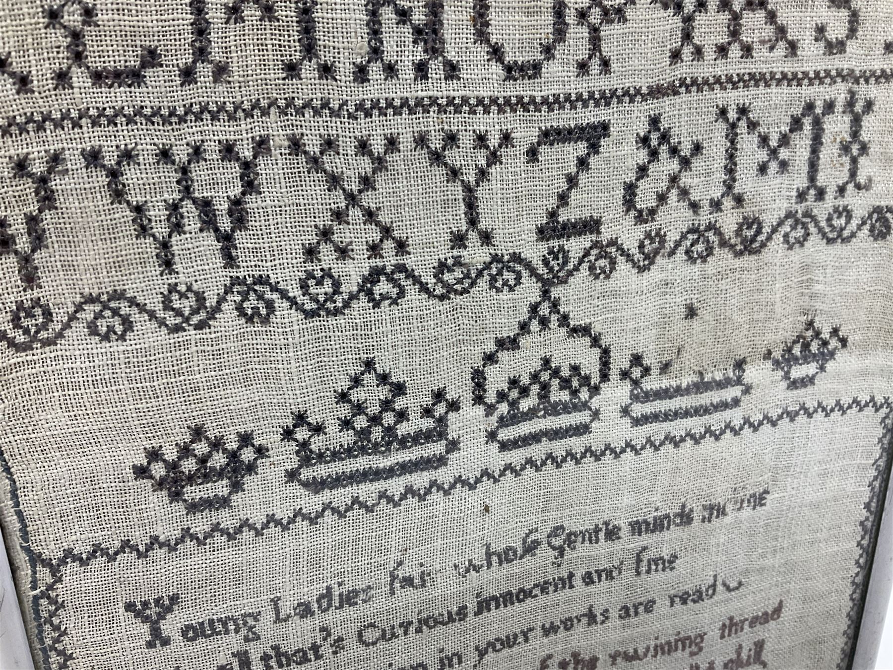 18th century alphabet cross stitch sampler, together with a later alphabet sampler, largest H31cm, W22cm