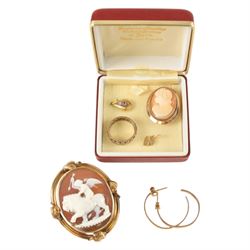 18ct gold heart charm and a collection of 9ct gold jewellery, including two cameo brooches...