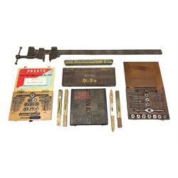 Two boxed stock and die sets to include a Presto example, together with other tools including a cased bore gauge set, five brass mounted spirit levels and a Cramptons Climax steel sash clamp stamped 1879