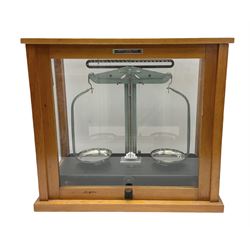Griffin & George set of laboratory scales in fully glazed hardwood cabinet with rise-and-fall front door, H40cm D22cm W45cm