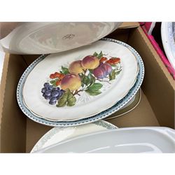 Two Poole Pottery dinner plates and a meat plate, four Copeland Spode Bermuda pattern dinner plates, Sadler jug, Keele St Pottery cottage tea wares, Torquay Motto ware, blue and white jug and bowl, two large planters and other ceramics, etc, in four boxes 